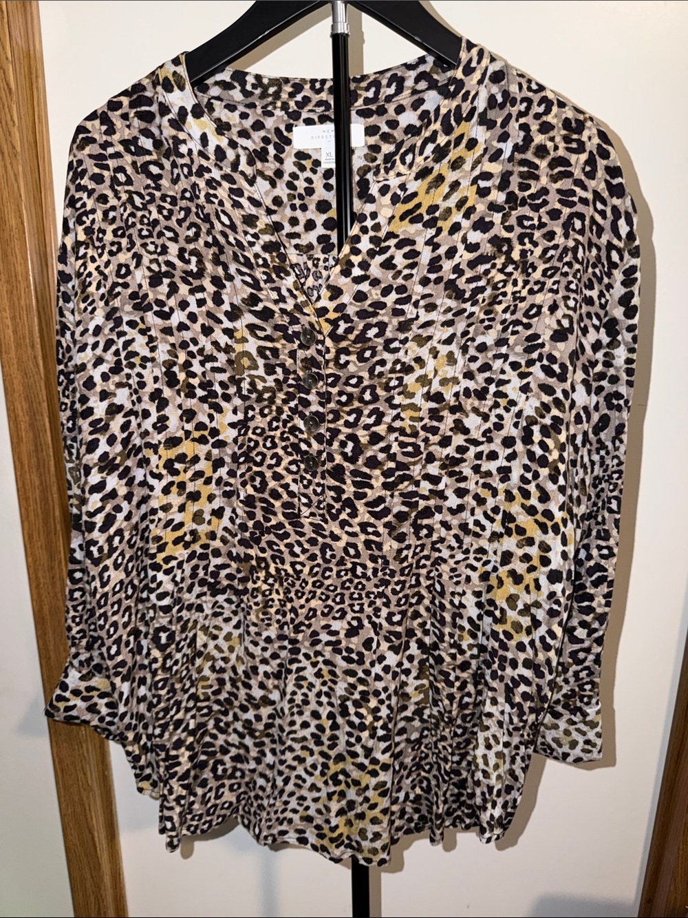 new directions Leopard Print V-Neck Blouse in Neutral and Yellow Accents
